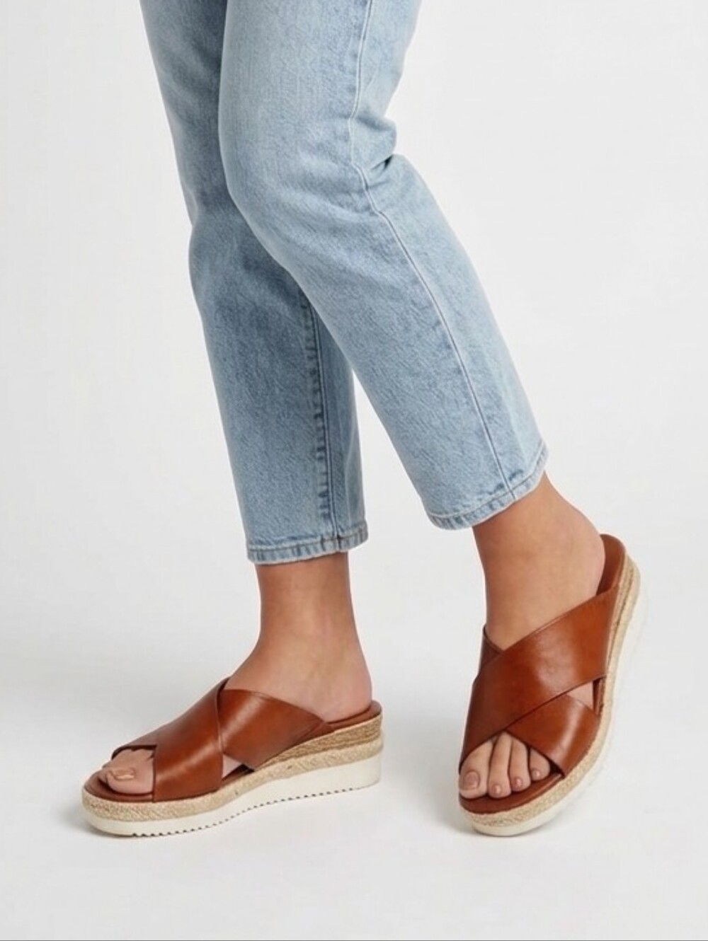 Bertuchi Cognac Brown Leather Crossband Espadrille Platform Slide Sandals 40